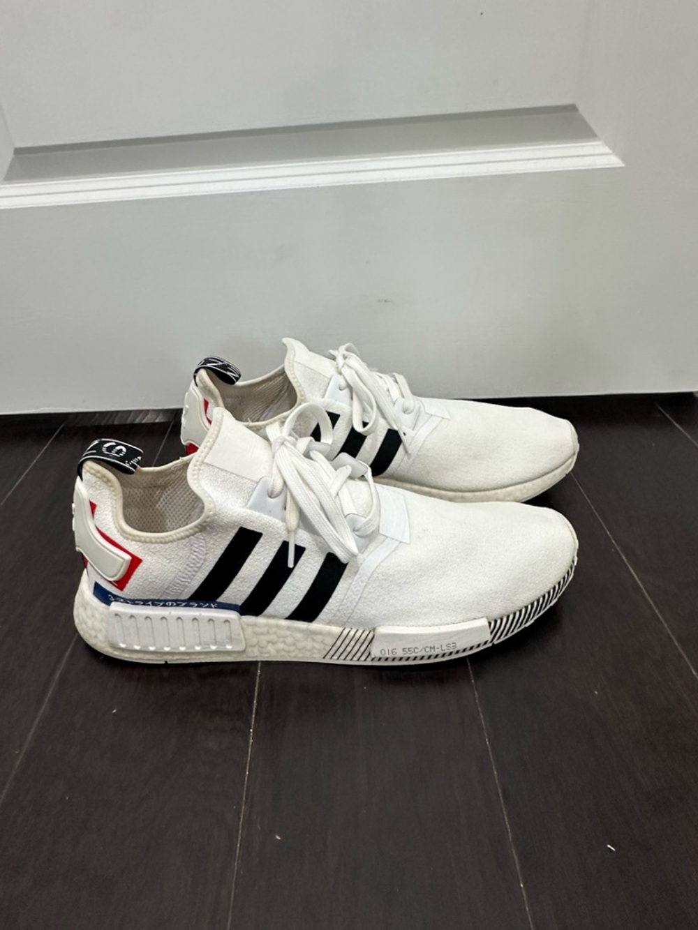 adidas White NMD R1 with Black Stripes and Red/Blue Accents SZ 14